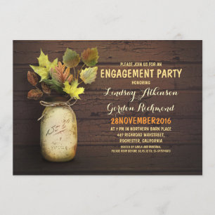 Fall leaves mason jar rustic engagement party invitation