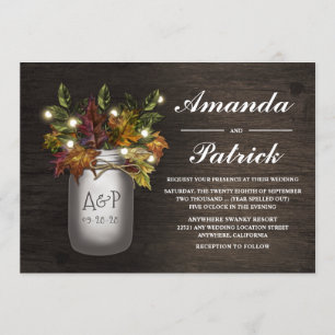 Fall Leaves Mason Jar Rustic Wedding Invitations