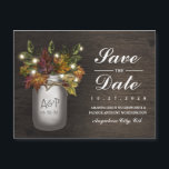 Fall Leaves Mason Jar Save the Date Magnets<br><div class="desc">Fall Leaves Mason Jar Save the Date Magnets -  feature a twine decorated mason jar with fall coloured leaves and lights over a country rustic barn wood background. See the matching collection in this design on this page.</div>