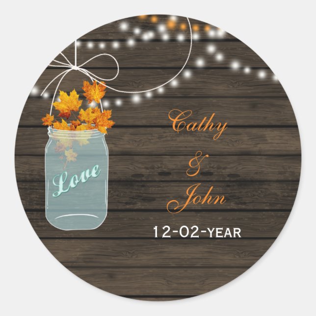 fall leaves mason jar wedding favour stickers (Front)
