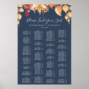 Fall Leaves Navy Blue Alphabetical Seating Chart