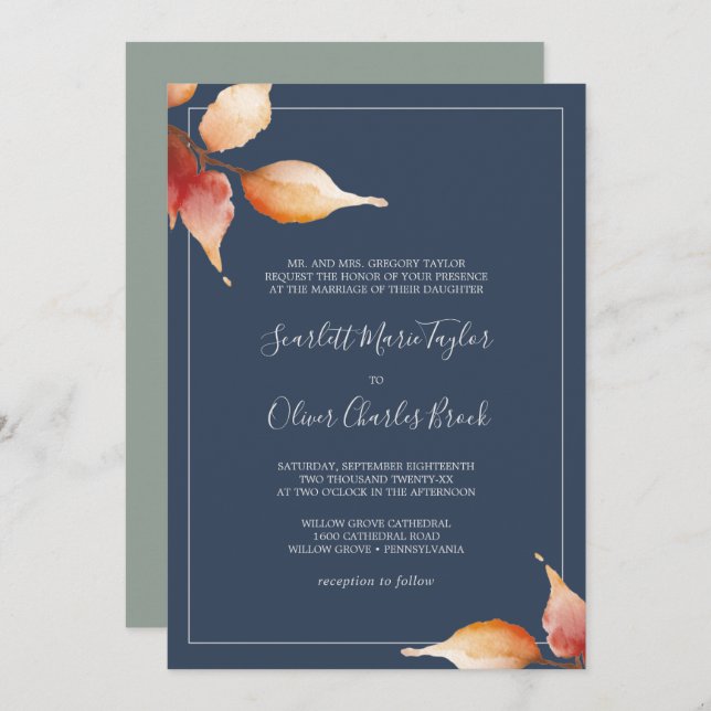 Fall Leaves | Navy Blue & Burgundy Formal Wedding Invitation (Front/Back)