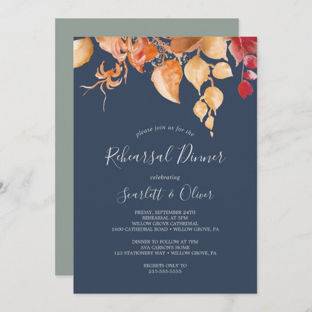 Fall Leaves Navy Blue & Burgundy Rehearsal Dinner Invitation (Front/Back)
