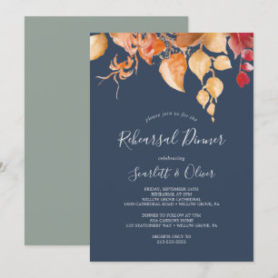 Fall Leaves Navy Blue & Burgundy Rehearsal Dinner Invitation