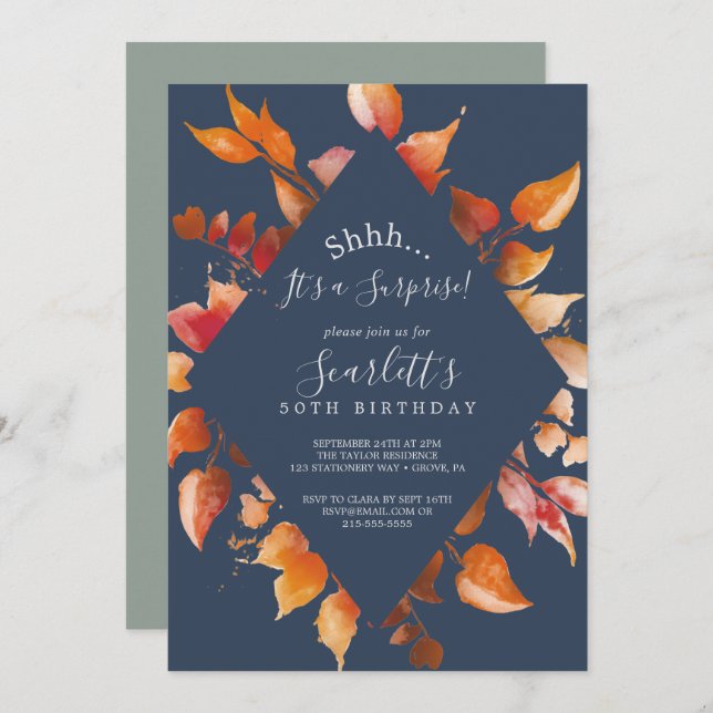 Fall Leaves | Navy Blue & Burgundy Surprise Party Invitation (Front/Back)