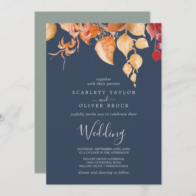 Fall Leaves | Navy Blue & Burgundy Wedding Invitation (Front/Back)