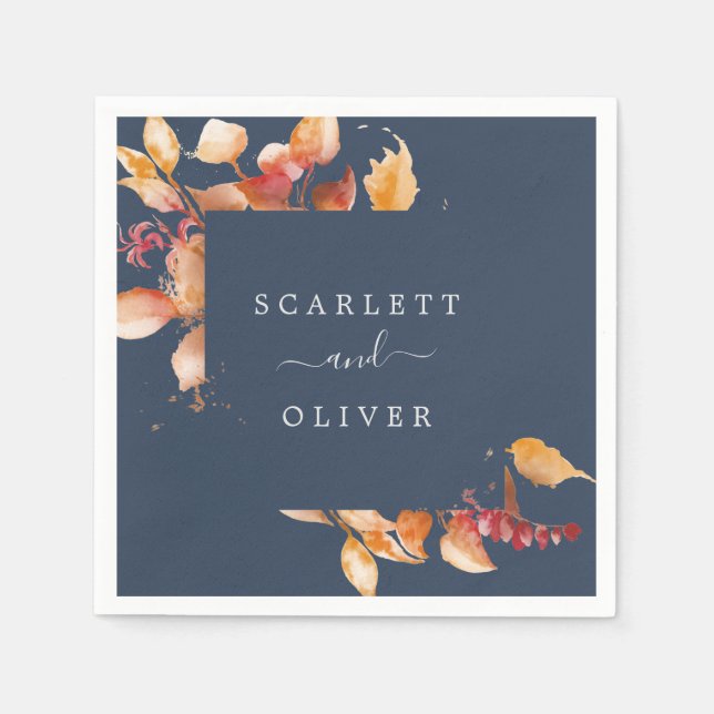 Fall Leaves | Navy Blue & Burgundy Wedding Napkin (Front)