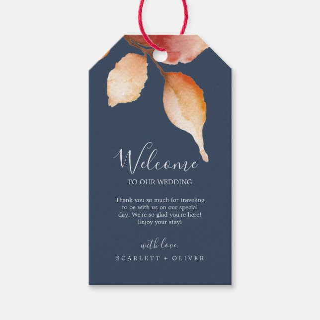 Fall Leaves | Navy Blue & Burgundy Wedding Welcome Gift Tags (Front)