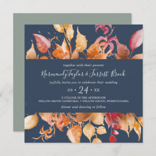 Fall Leaves Navy Blue Casual Square Wedding Invitation