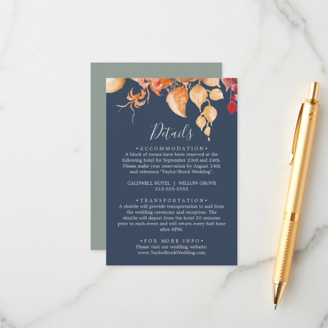 Fall Leaves | Navy Blue Details Enclosure Card (Front/Back In Situ)