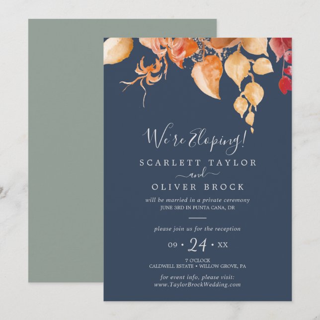 Fall Leaves | Navy Blue Elopement Reception Invitation (Front/Back)