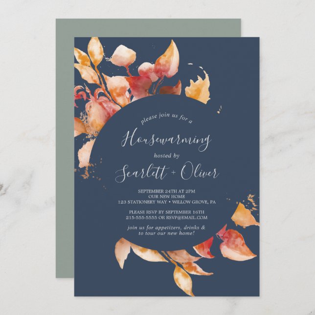 Fall Leaves | Navy Blue Housewarming Party Invitation (Front/Back)
