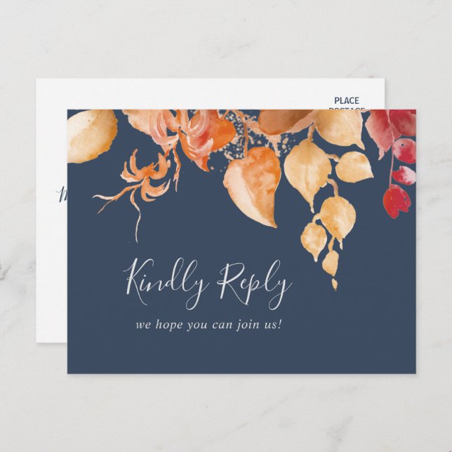 Fall Leaves | Navy Blue Menu Choice RSVP Postcard (Front/Back)
