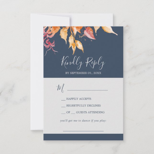 Fall Leaves | Navy Blue Song Request RSVP Card (Front)