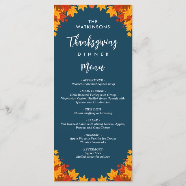 fall leaves navy blue thanksgiving menu (Front)