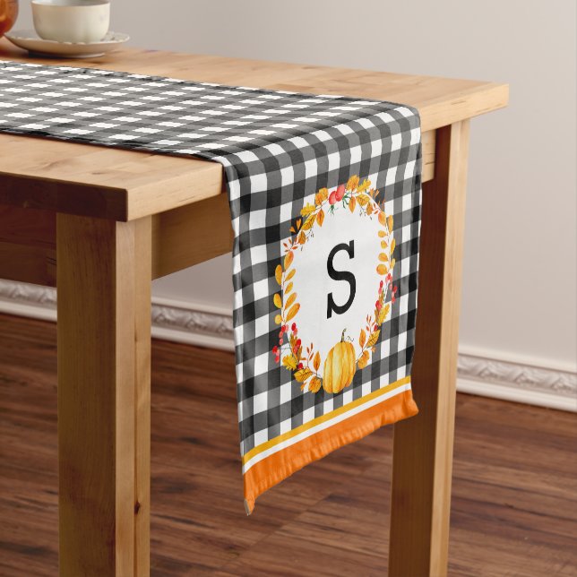 Fall Leaves On Black Gingham Personalised Medium Table Runner (In Situ)