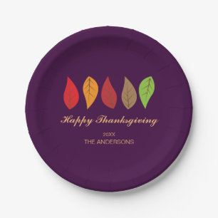 Fall Leaves on Purple, Thanksgiving Personalised Paper Plate