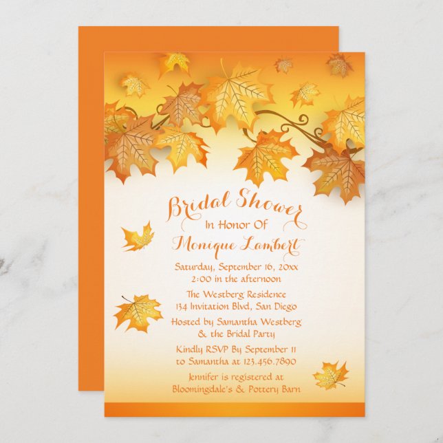 Fall Leaves Orange Bridal Shower Rustic Autumn Invitation (Front/Back)