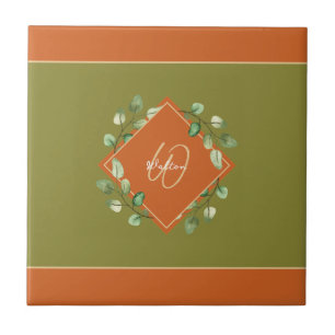 Fall Leaves Orange + Green Monogrammed Decorative Tile