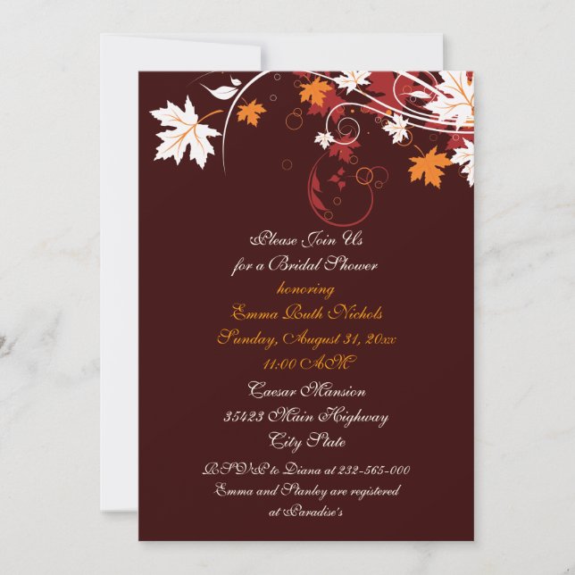 Fall leaves orange red white wedding bridal shower invitation (Front)