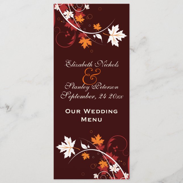 Fall leaves orange red white wedding menu card (Front)