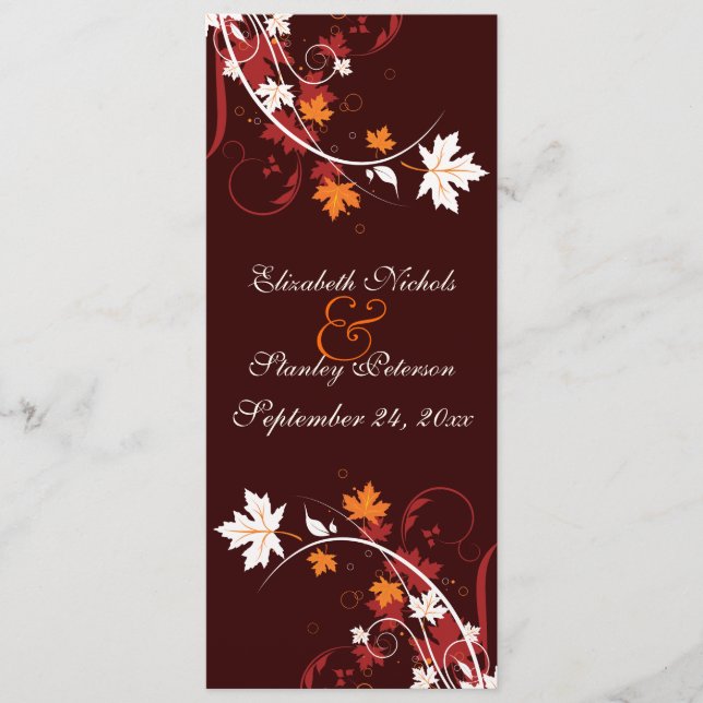 Fall leaves orange red white wedding program programme (Front)