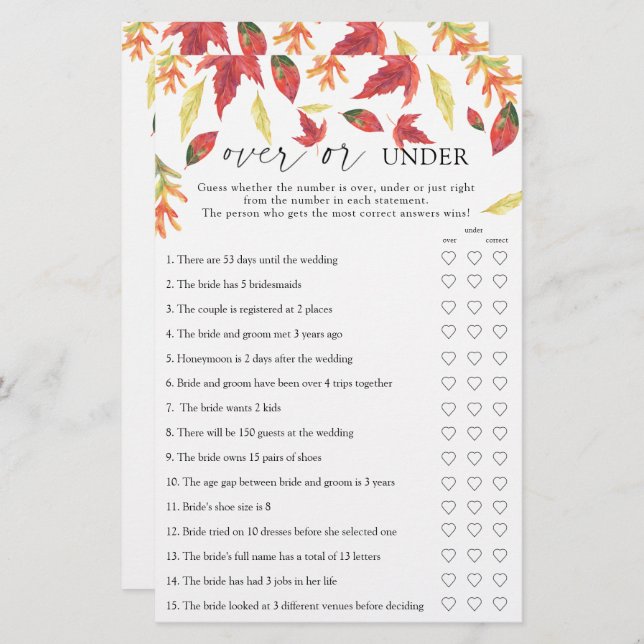 Fall leaves - Over or under bridal shower game (Front/Back)