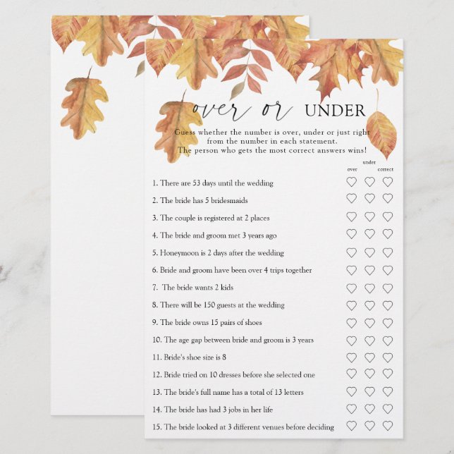 Fall leaves - Over or under bridal shower game (Front/Back)