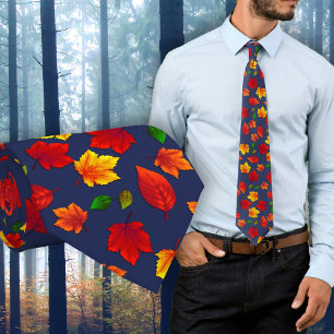 Fall Leaves Pattern Dark Blue Autumn Tie