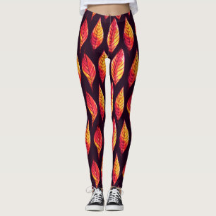 Fall Leaves Pattern In Dark Red And Yellow Leggings