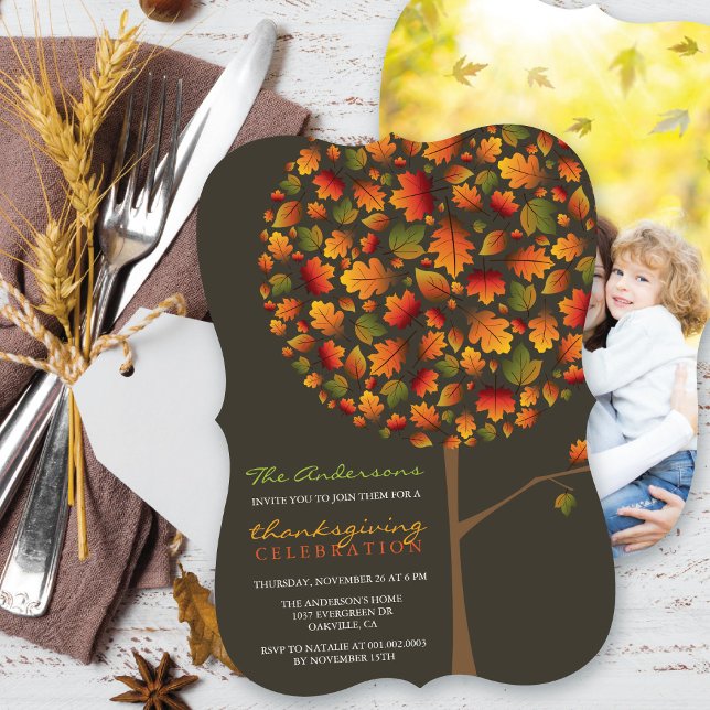 Fall Leaves Pop Tree Thanksgiving Dinner Photo Invitation (Creator Uploaded)