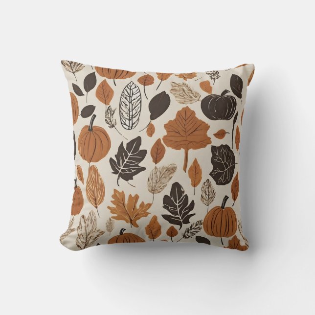 Fall Leaves & Pumpkin Decor Throw Pillow (Front)