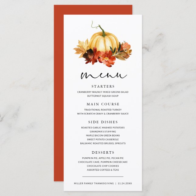 Fall Leaves Pumpkin Thanksgiving Dinner Menu (Front/Back)
