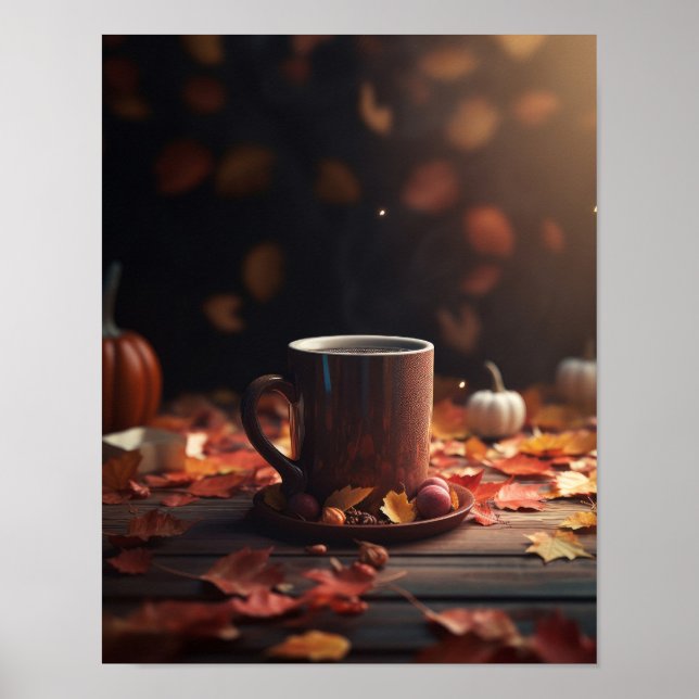 Fall Leaves Pumpkins & Coffee Poster (Front)