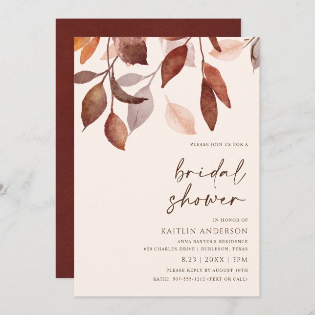 Fall Leaves Rust Brown Orange Bridal Shower Invitation (Front/Back)