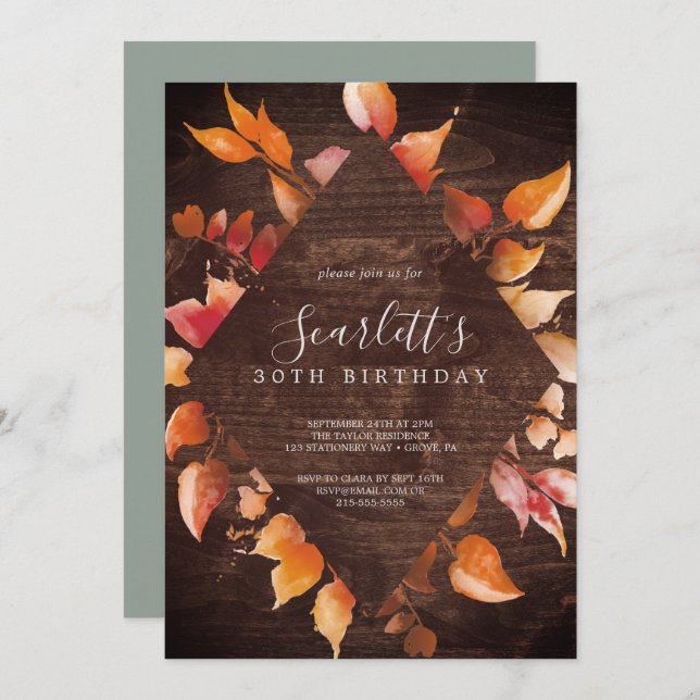 Fall Leaves | Rustic Brown Wood 30th Birthday Invitation (Front/Back)