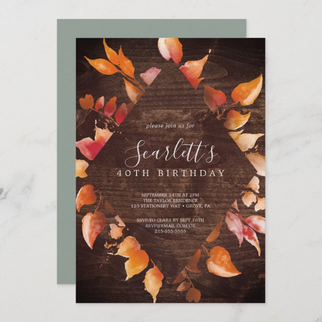 Fall Leaves | Rustic Brown Wood 40th Birthday Invitation (Front/Back)