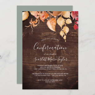 Fall Leaves   Rustic Brown Wood Confirmation Invitation