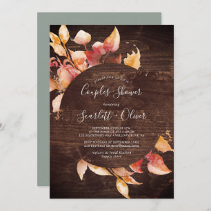 Fall Leaves Rustic Brown Wood Couples Shower Invitation