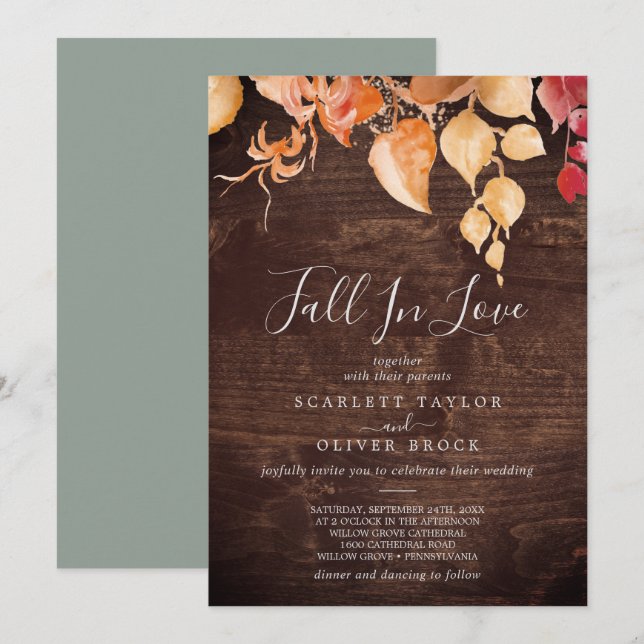 Fall Leaves Rustic Brown Wood Fall In Love Wedding Invitation (Front/Back)