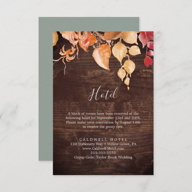 Fall Leaves Rustic Brown Wood Hotel Enclosure Card (Front/Back)