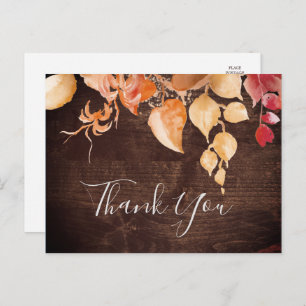 Fall Leaves   Rustic Brown Wood Thank You Postcard