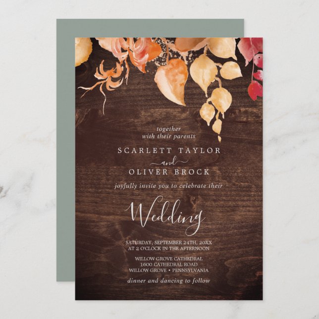 Fall Leaves | Rustic Brown Wood Wedding Invitation (Front/Back)