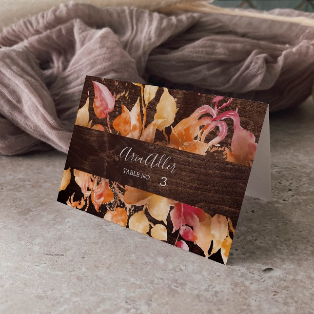 Fall Leaves Rustic Brown Wood Wedding Place Cards (Creator Uploaded)