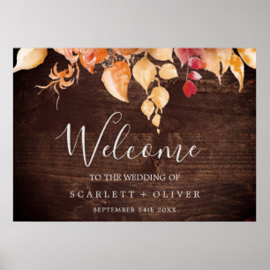 Fall Leaves   Rustic Brown Wood Welcome Wedding Poster