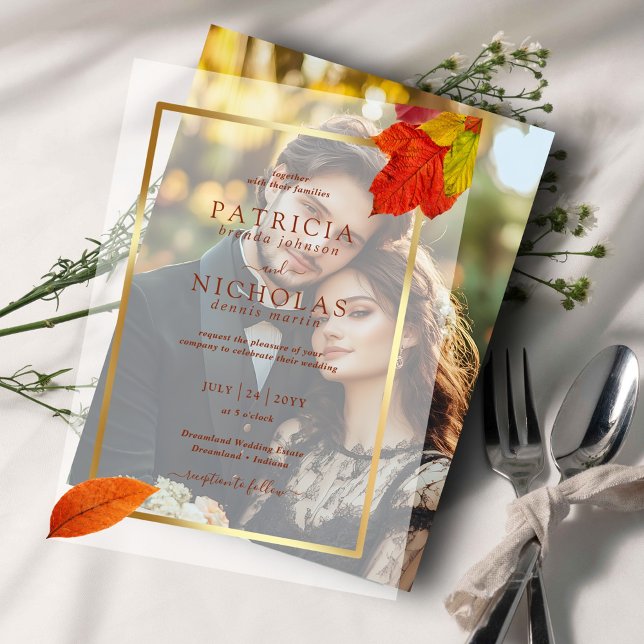 Fall Leaves Rustic Golden Frame  Autumn Wedding Vellum Invitations (Creator Uploaded)