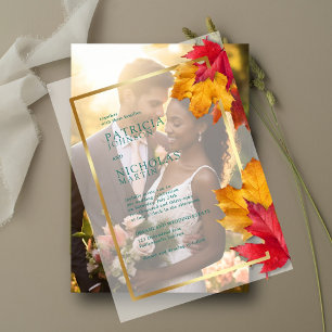 Fall Leaves Rustic Golden Frame Autumn Wedding Vellum Invitations