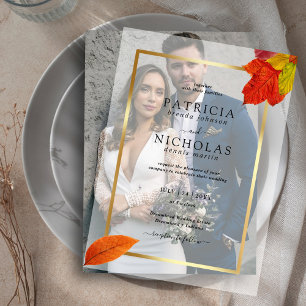 Fall Leaves Rustic Golden Frame Autumn Wedding Vellum Invitations