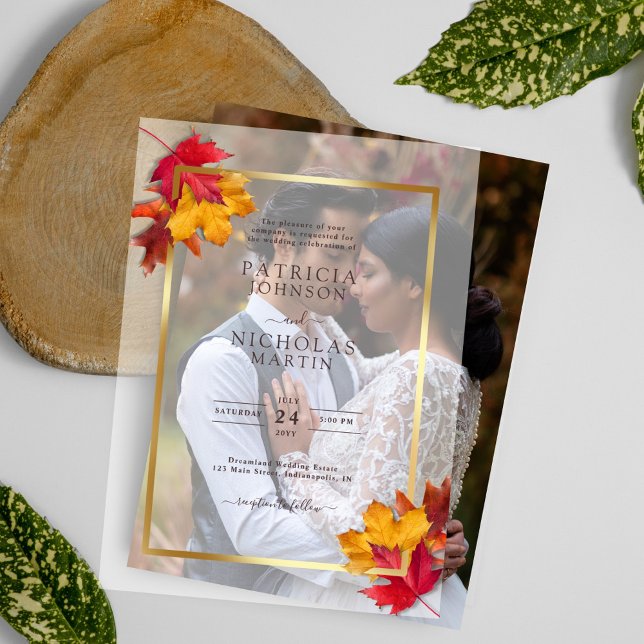 Fall Leaves Rustic Golden Frame Autumn Wedding Vellum Invitations (Creator Uploaded)