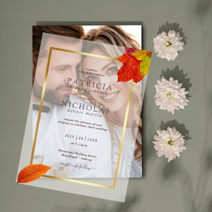 Fall Leaves Rustic Golden Frame  Autumn Wedding Vellum Invitations